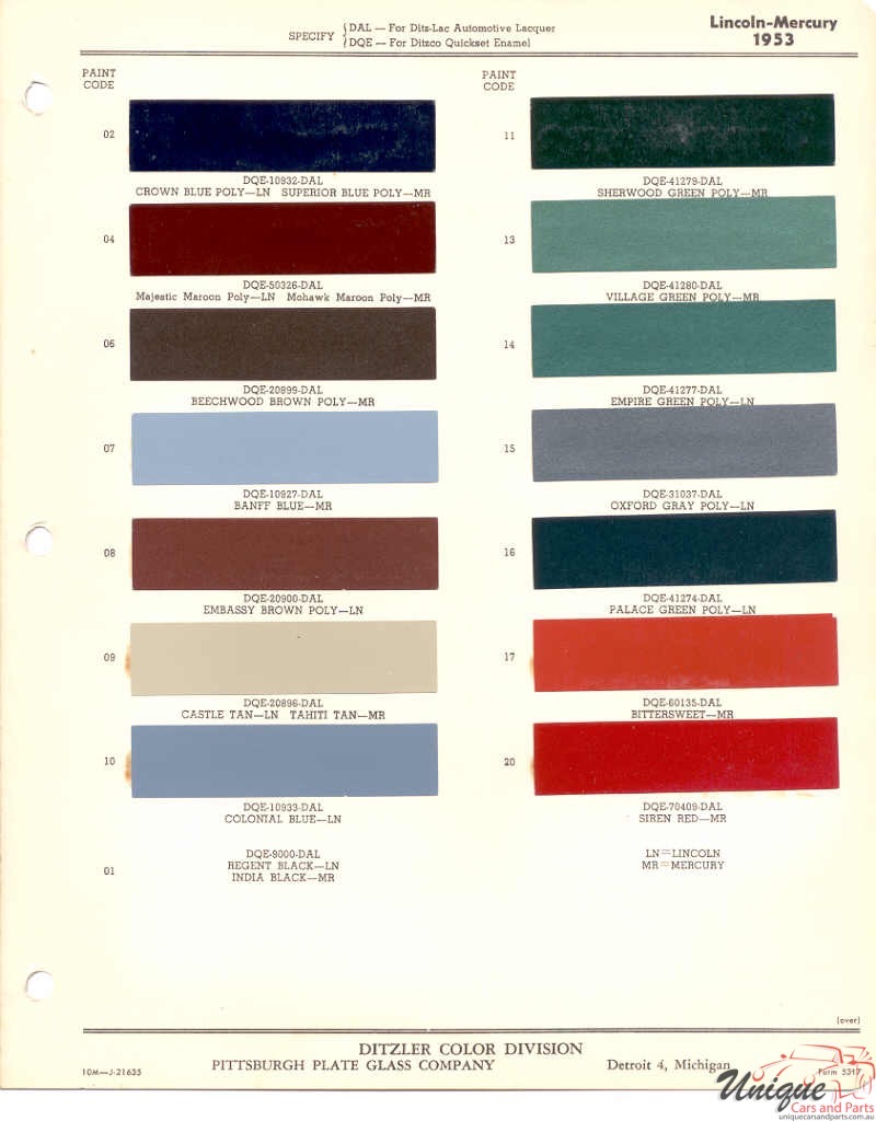 1953 Ford Paint Charts Lincoln And Mercury Paint Charts PPG 1
